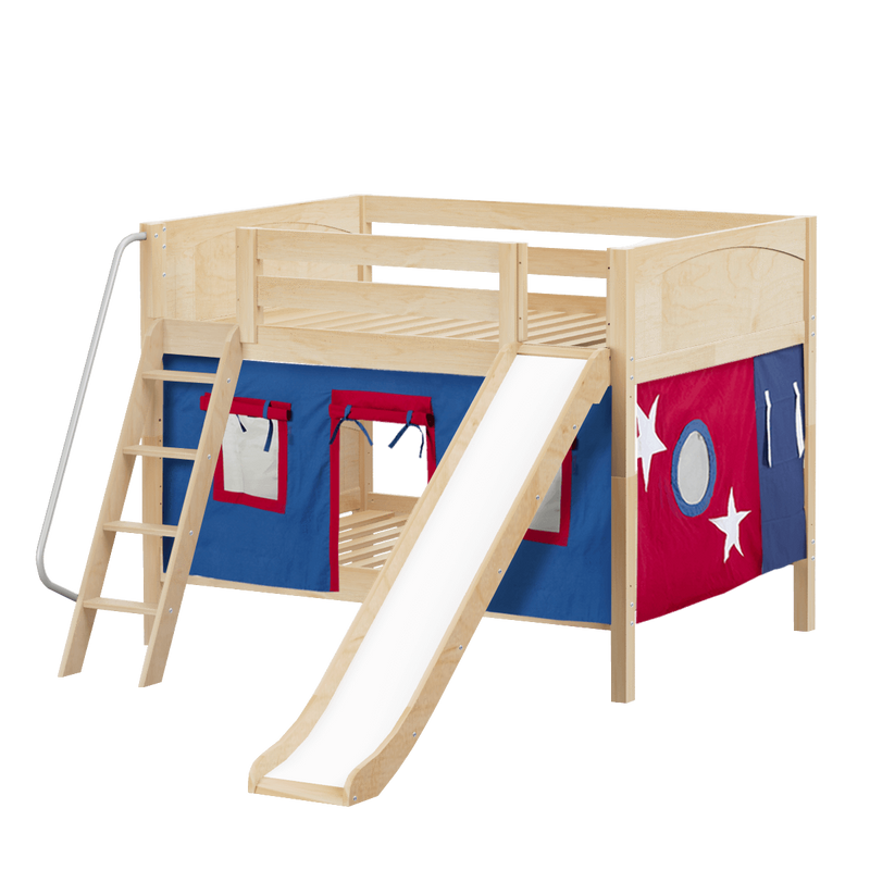 Maxtrix Full Low Bunk Bed with Angled Ladder, Curtain + Slide
