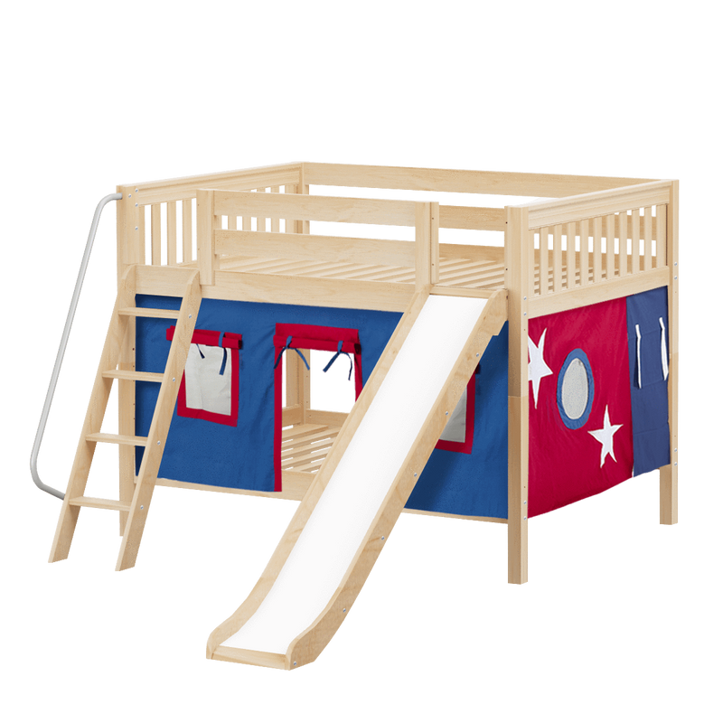 Maxtrix Full Low Bunk Bed with Angled Ladder, Curtain + Slide