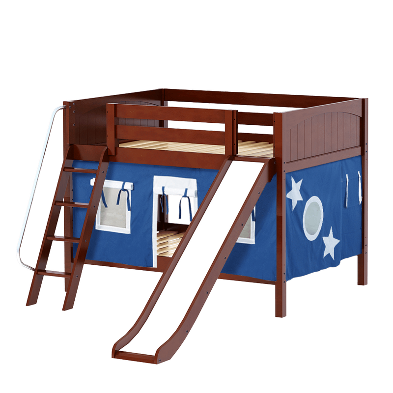 Maxtrix Full Low Bunk Bed with Angled Ladder, Curtain + Slide