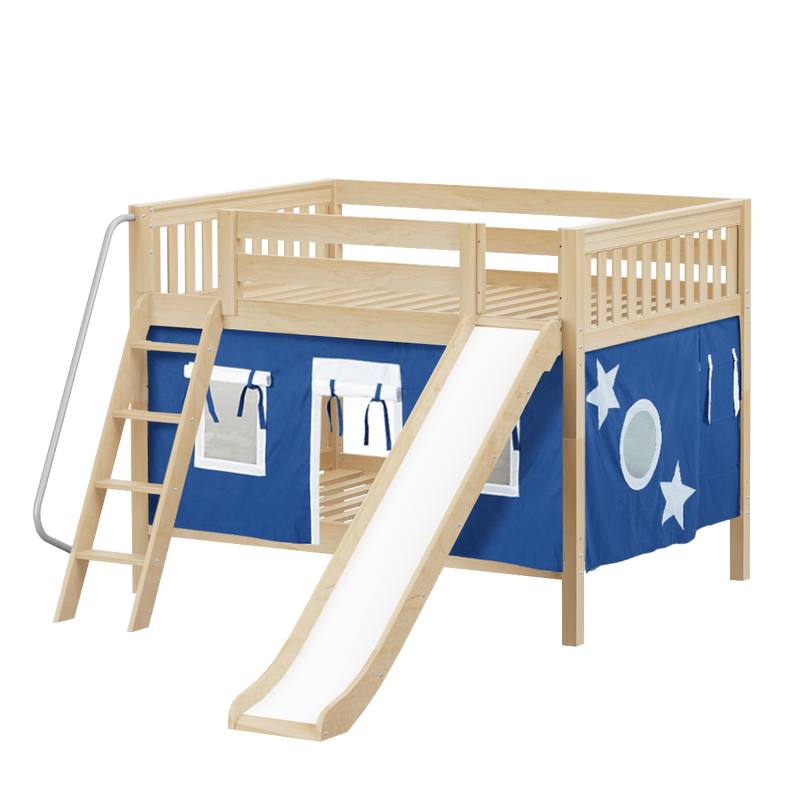 Maxtrix Full Low Bunk Bed with Angled Ladder, Curtain + Slide