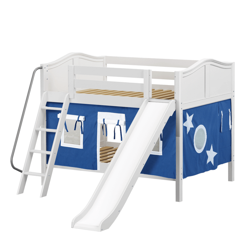 Maxtrix Full Low Bunk Bed with Angled Ladder, Curtain + Slide