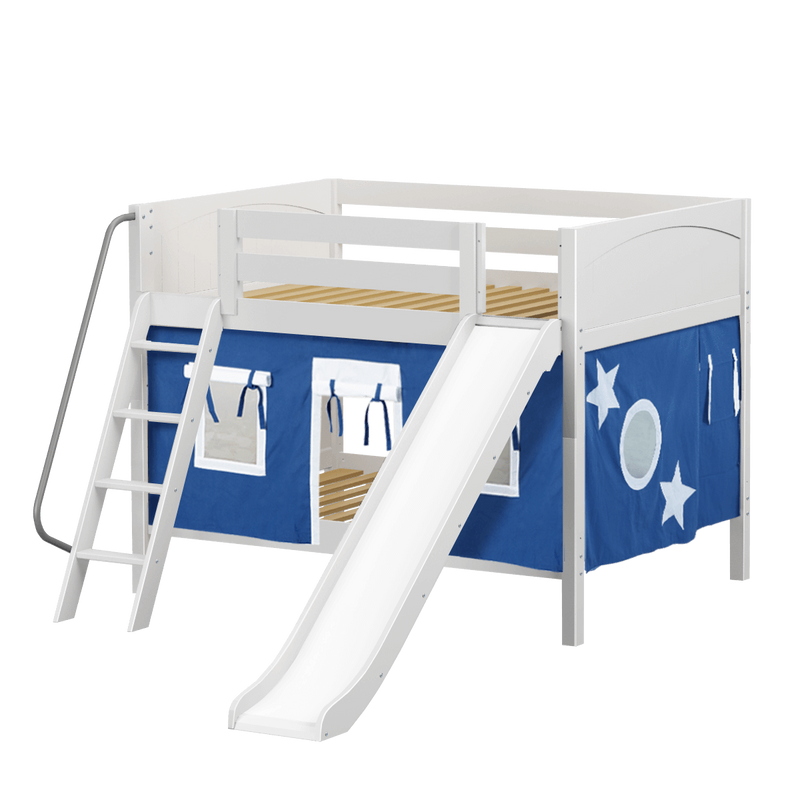 Maxtrix Full Low Bunk Bed with Angled Ladder, Curtain + Slide