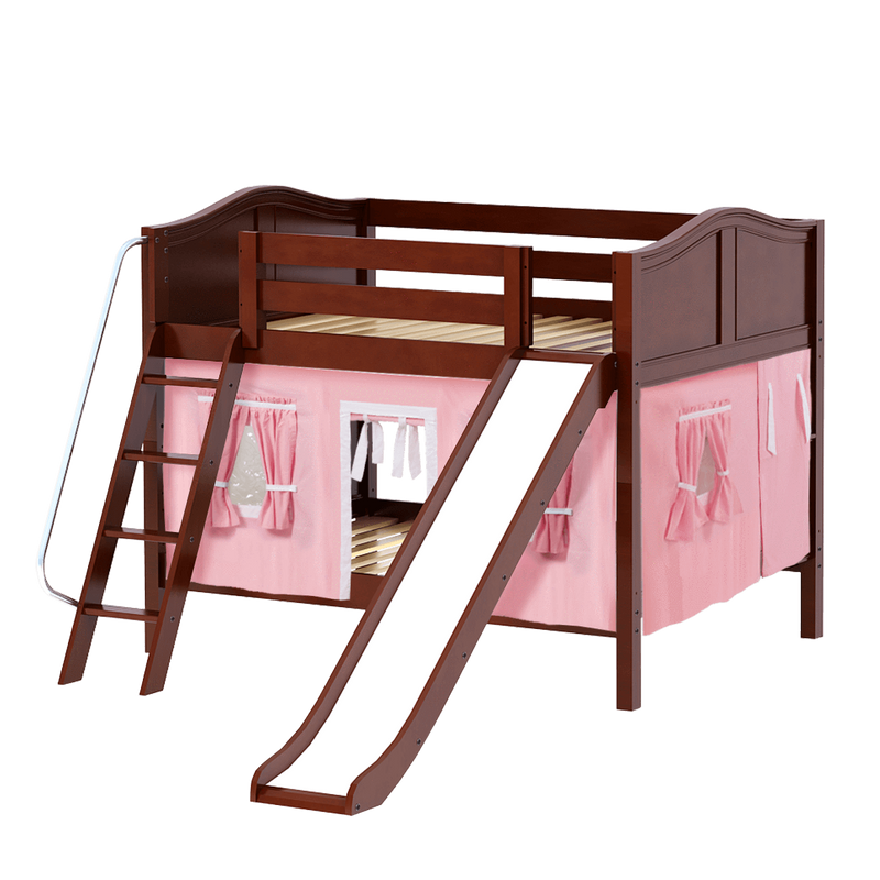 Maxtrix Full Low Bunk Bed with Angled Ladder, Curtain + Slide