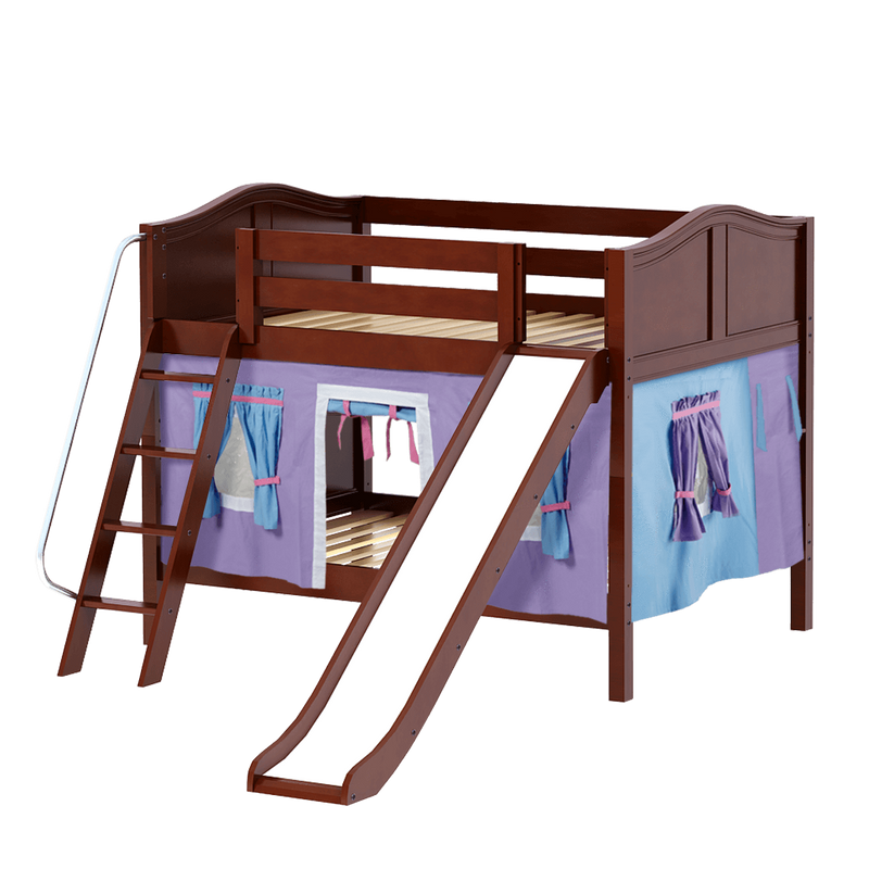 Maxtrix Full Low Bunk Bed with Angled Ladder, Curtain + Slide
