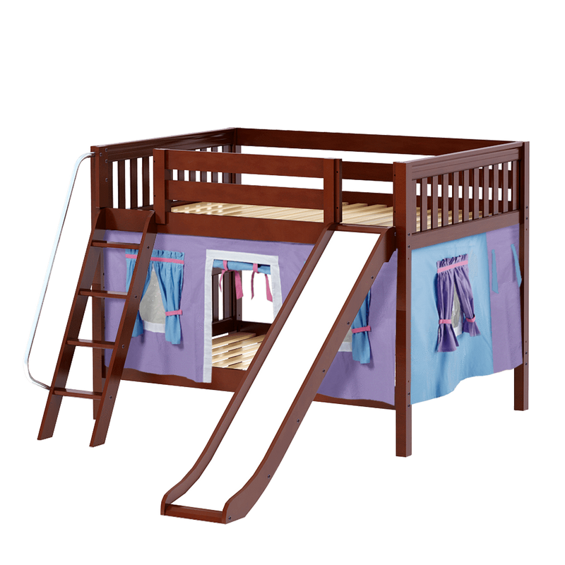 Maxtrix Full Low Bunk Bed with Angled Ladder, Curtain + Slide