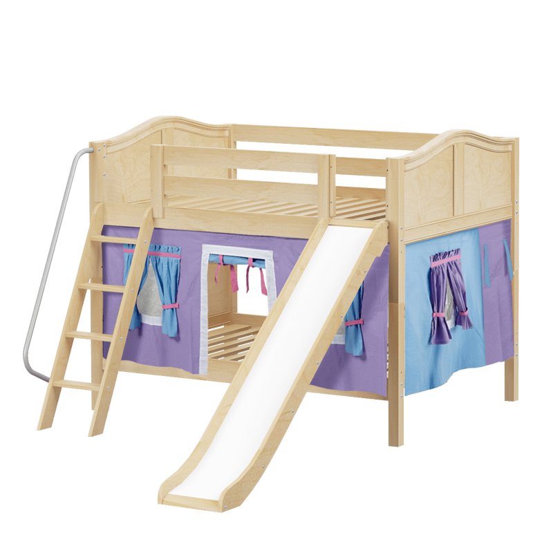 Maxtrix Full Low Bunk Bed with Angled Ladder, Curtain + Slide