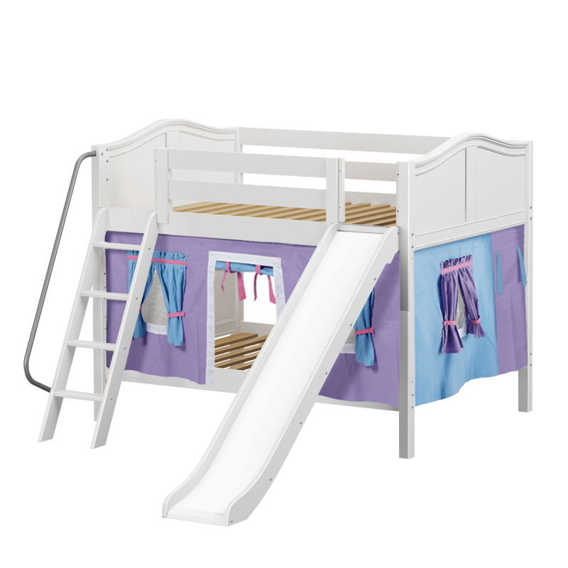 Maxtrix Full Low Bunk Bed with Angled Ladder, Curtain + Slide