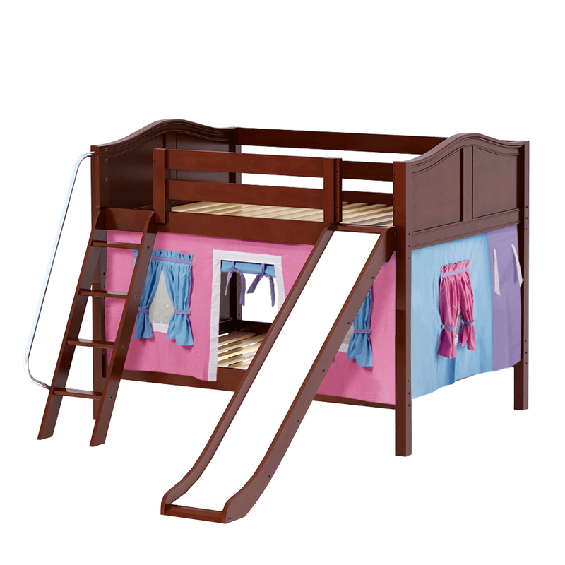 Maxtrix Full Low Bunk Bed with Angled Ladder, Curtain + Slide
