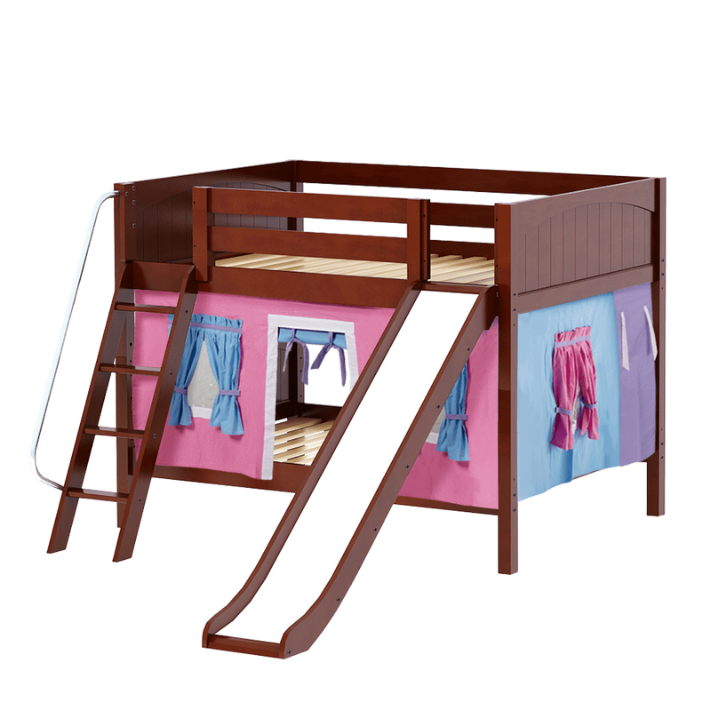 Maxtrix Full Low Bunk Bed with Angled Ladder, Curtain + Slide