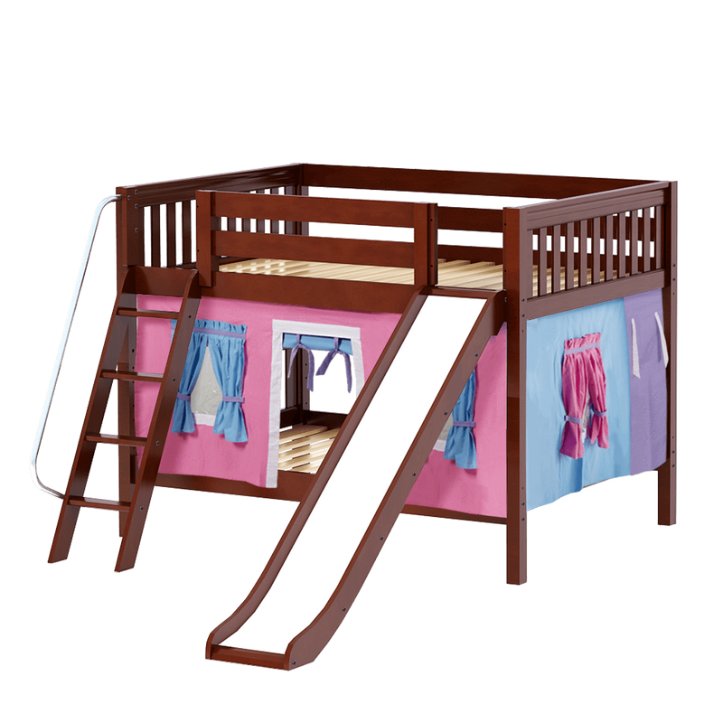 Maxtrix Full Low Bunk Bed with Angled Ladder, Curtain + Slide