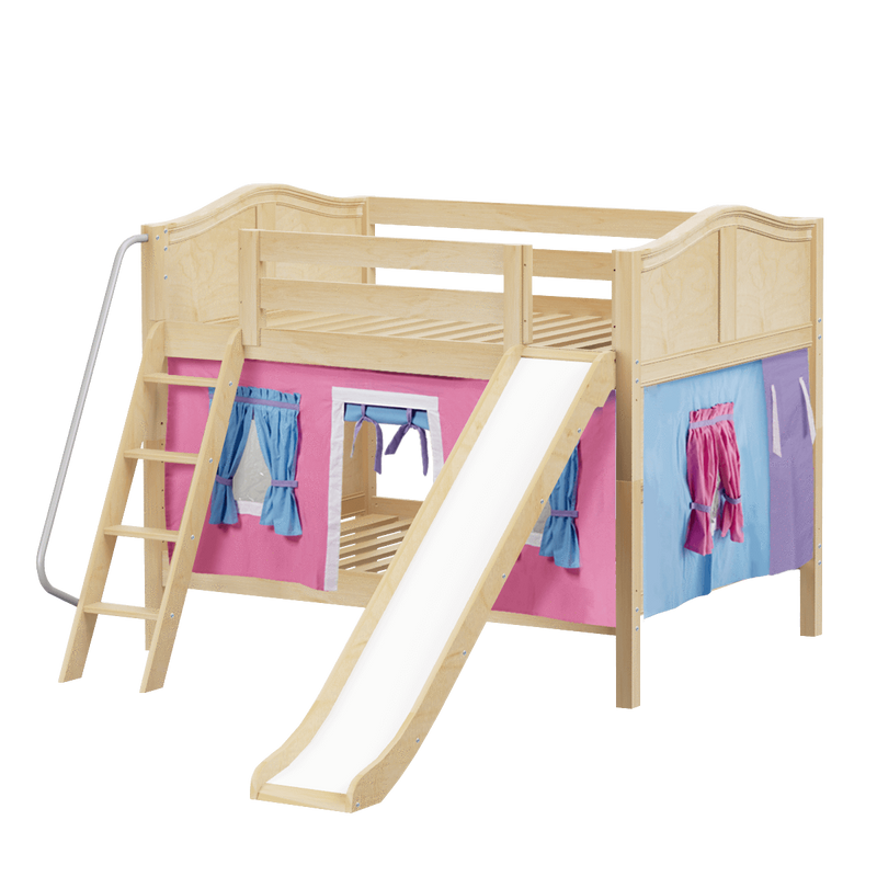 Maxtrix Full Low Bunk Bed with Angled Ladder, Curtain + Slide