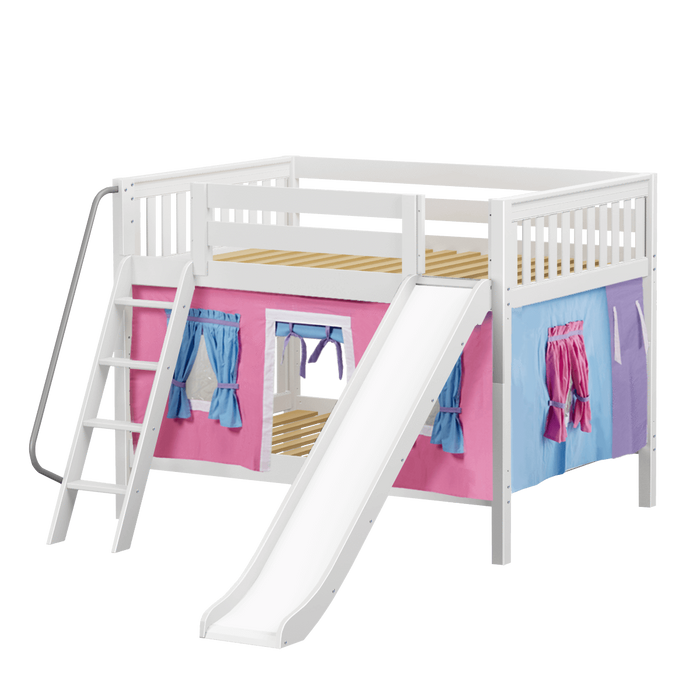 Maxtrix Full Low Bunk Bed with Angled Ladder, Curtain + Slide