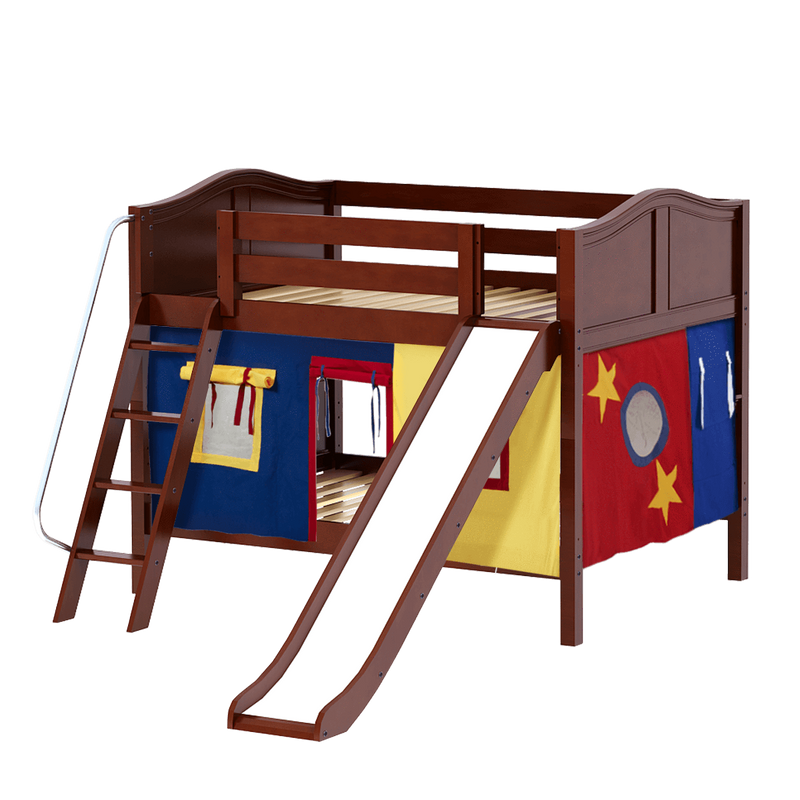 Maxtrix Full Low Bunk Bed with Angled Ladder, Curtain + Slide