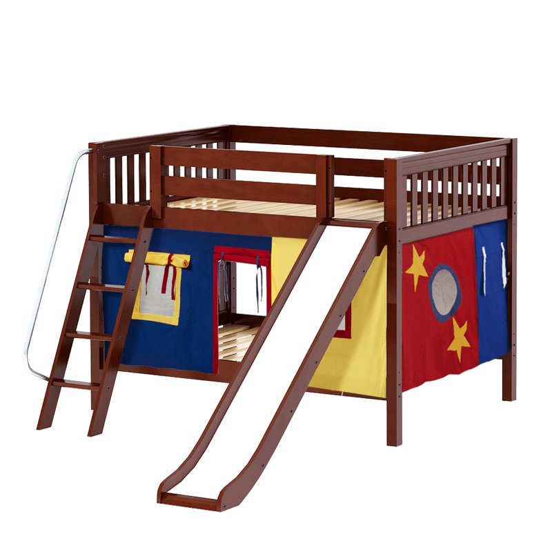 Maxtrix Full Low Bunk Bed with Angled Ladder, Curtain + Slide