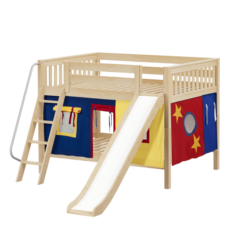 Maxtrix Full Low Bunk Bed with Angled Ladder, Curtain + Slide