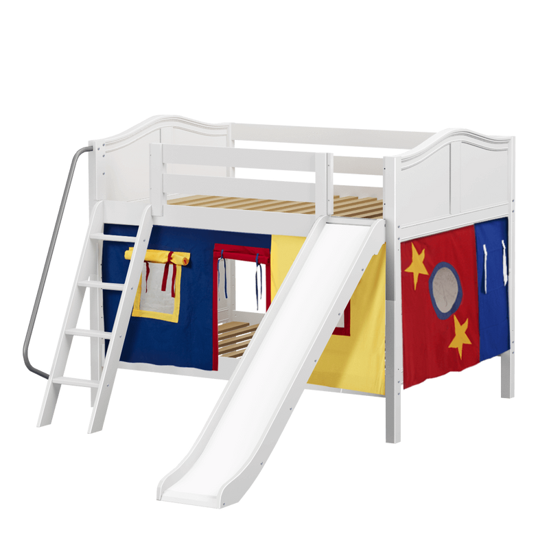 Maxtrix Full Low Bunk Bed with Angled Ladder, Curtain + Slide