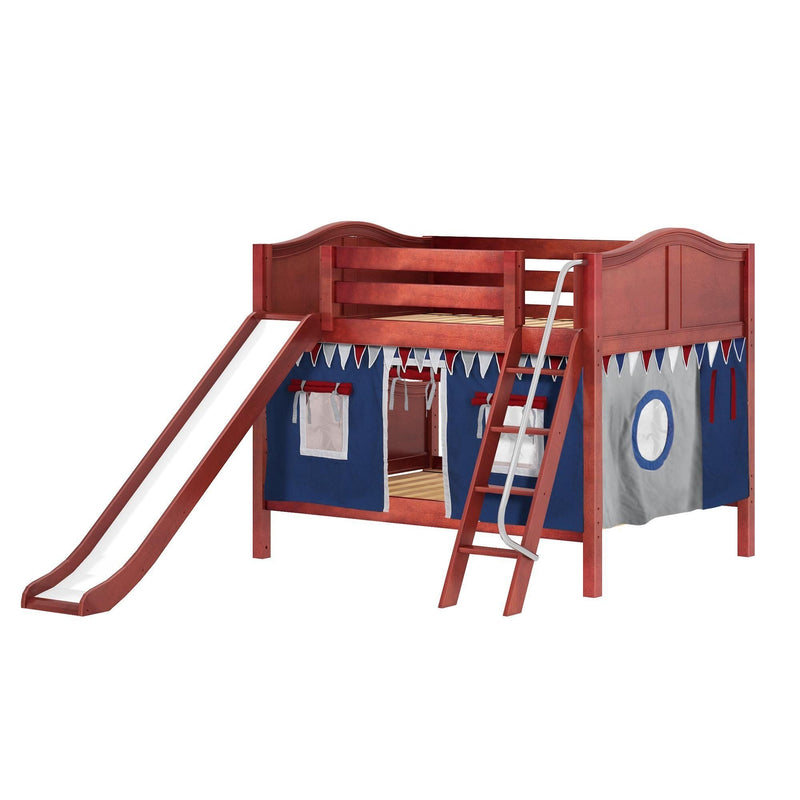 Maxtrix Full Low Bunk Bed with Angled Ladder, Curtain + Slide