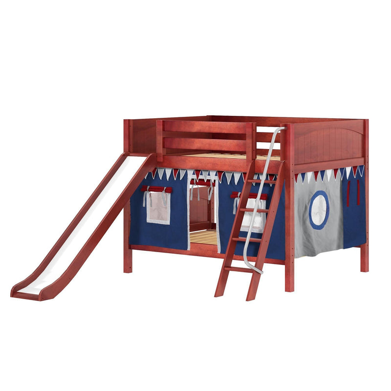 Maxtrix Full Low Bunk Bed with Angled Ladder, Curtain + Slide