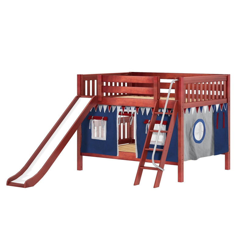 Maxtrix Full Low Bunk Bed with Angled Ladder, Curtain + Slide
