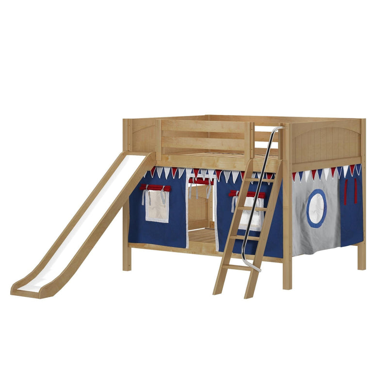 Maxtrix Full Low Bunk Bed with Angled Ladder, Curtain + Slide