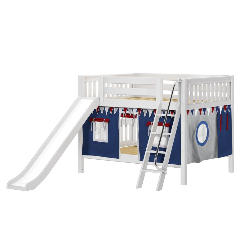 Maxtrix Full Low Bunk Bed with Angled Ladder, Curtain + Slide