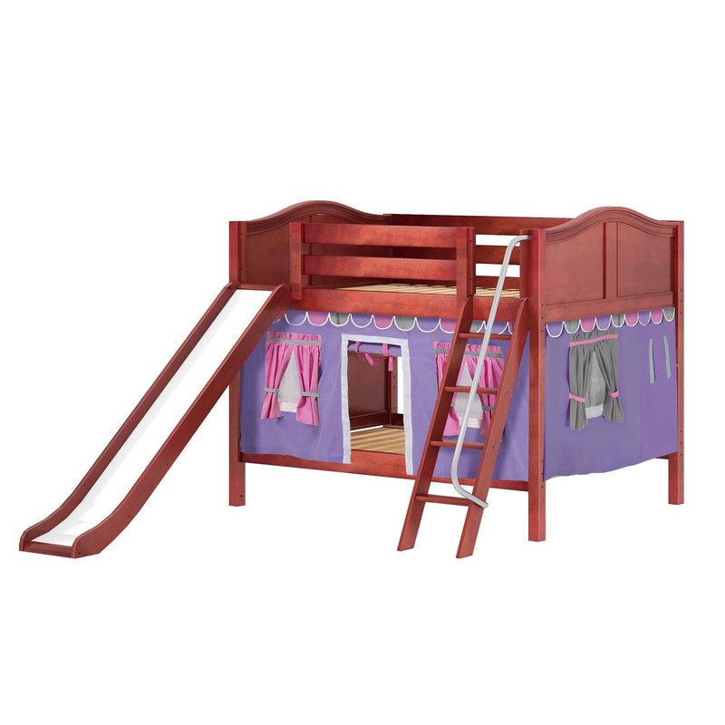 Maxtrix Full Low Bunk Bed with Angled Ladder, Curtain + Slide