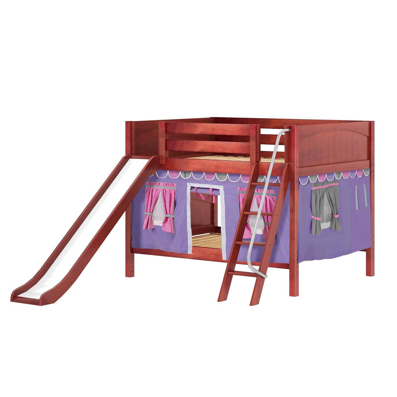 Maxtrix Full Low Bunk Bed with Angled Ladder, Curtain + Slide