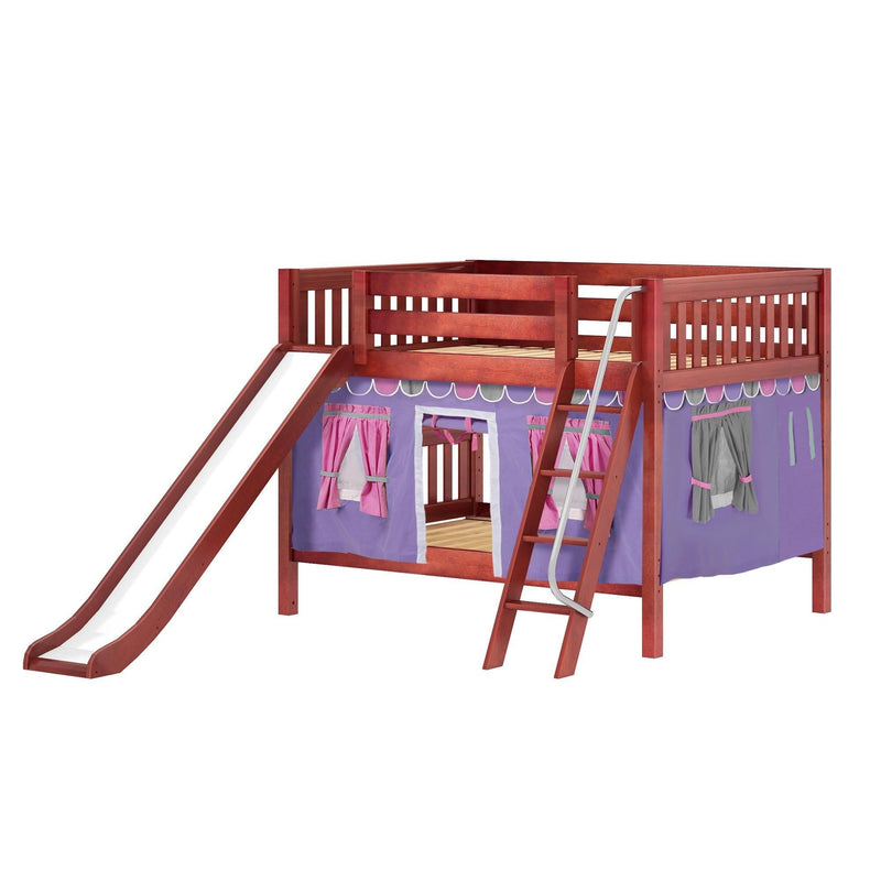 Maxtrix Full Low Bunk Bed with Angled Ladder, Curtain + Slide