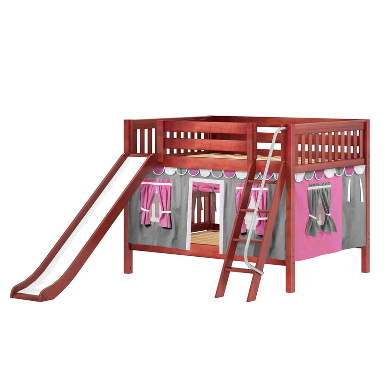 Maxtrix Full Low Bunk Bed with Angled Ladder, Curtain + Slide