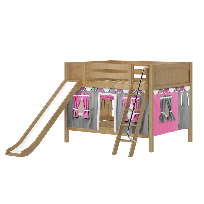 Maxtrix Full Low Bunk Bed with Angled Ladder, Curtain + Slide