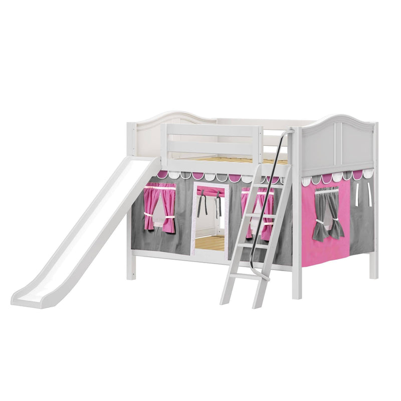 Maxtrix Full Low Bunk Bed with Angled Ladder, Curtain + Slide