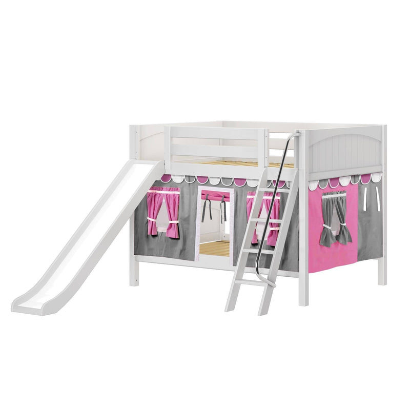 Maxtrix Full Low Bunk Bed with Angled Ladder, Curtain + Slide