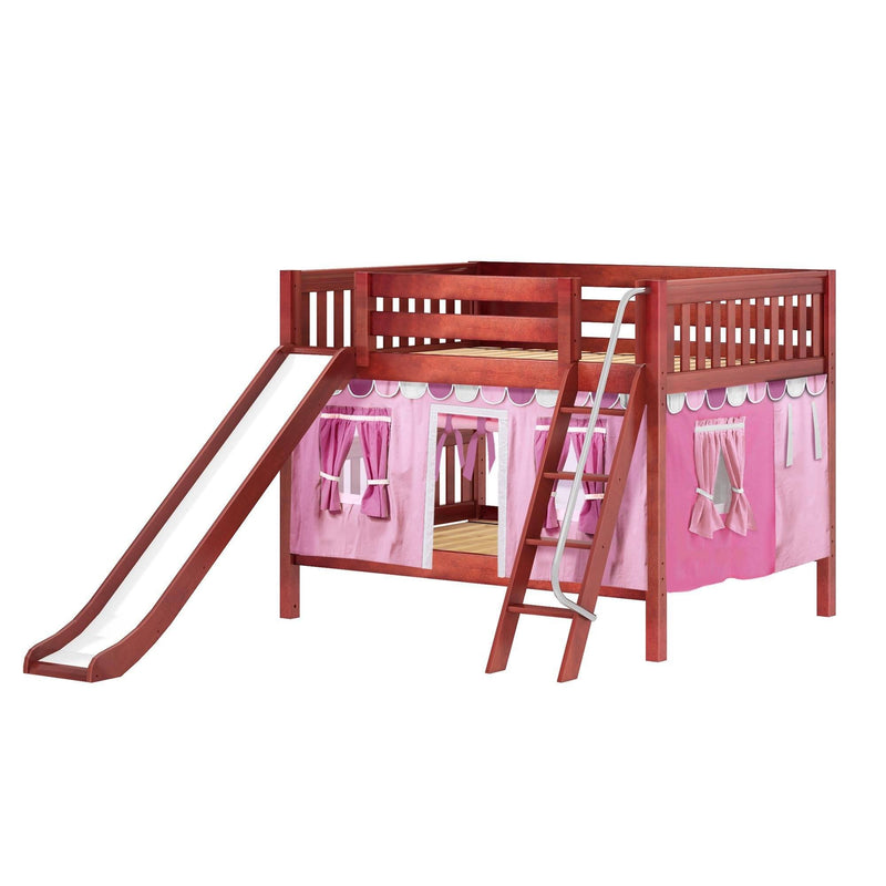 Maxtrix Full Low Bunk Bed with Angled Ladder, Curtain + Slide
