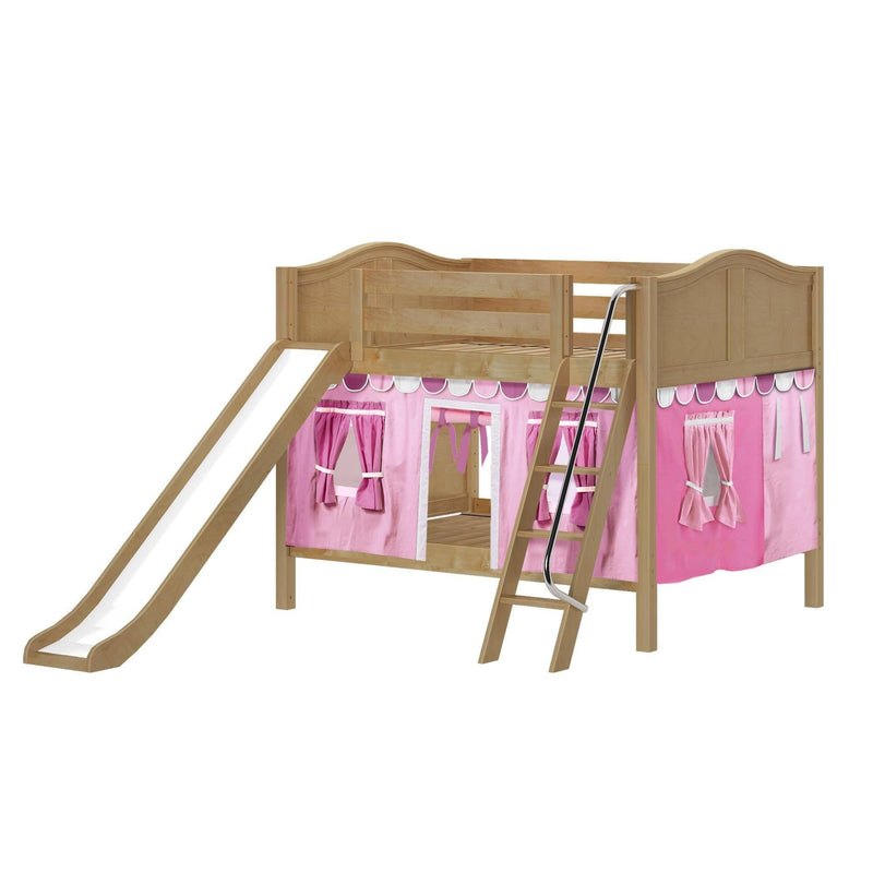 Maxtrix Full Low Bunk Bed with Angled Ladder, Curtain + Slide