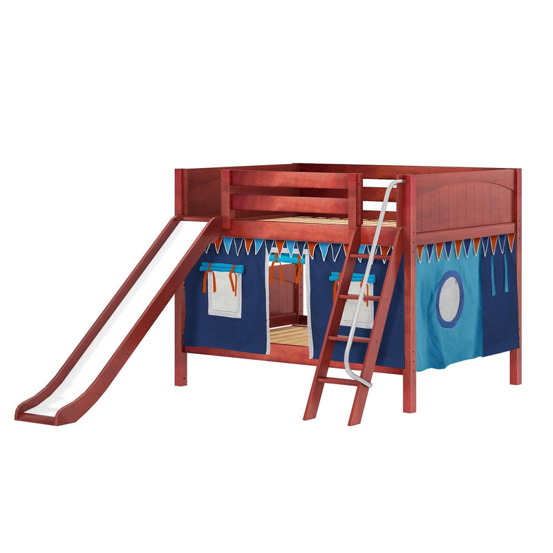 Maxtrix Full Low Bunk Bed with Angled Ladder, Curtain + Slide