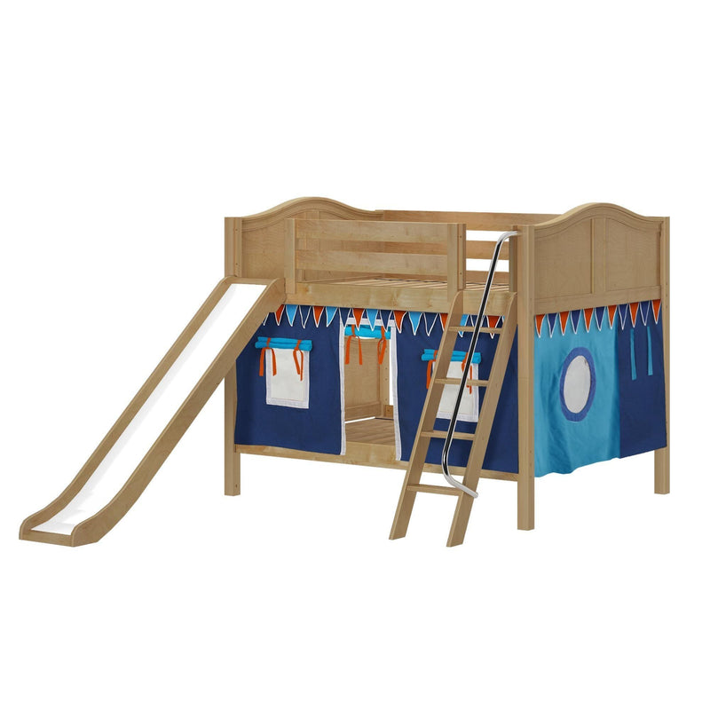 Maxtrix Full Low Bunk Bed with Angled Ladder, Curtain + Slide