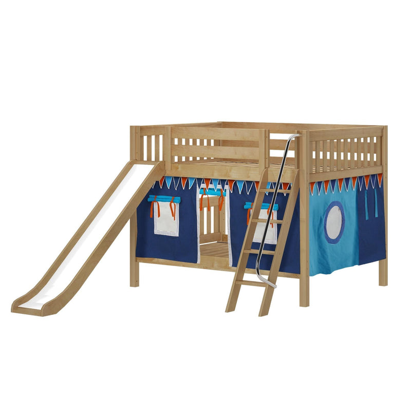 Maxtrix Full Low Bunk Bed with Angled Ladder, Curtain + Slide