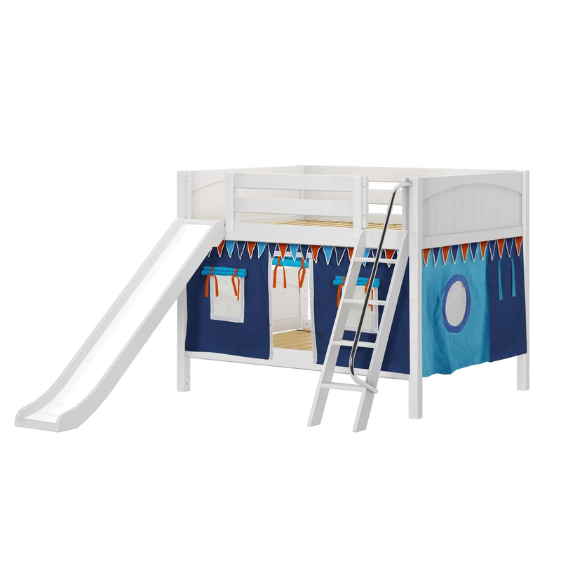 Maxtrix Full Low Bunk Bed with Angled Ladder, Curtain + Slide