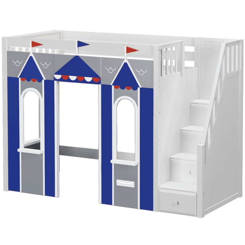 Maxtrix Twin High Loft Bed with Stairs + Playhouse Panels