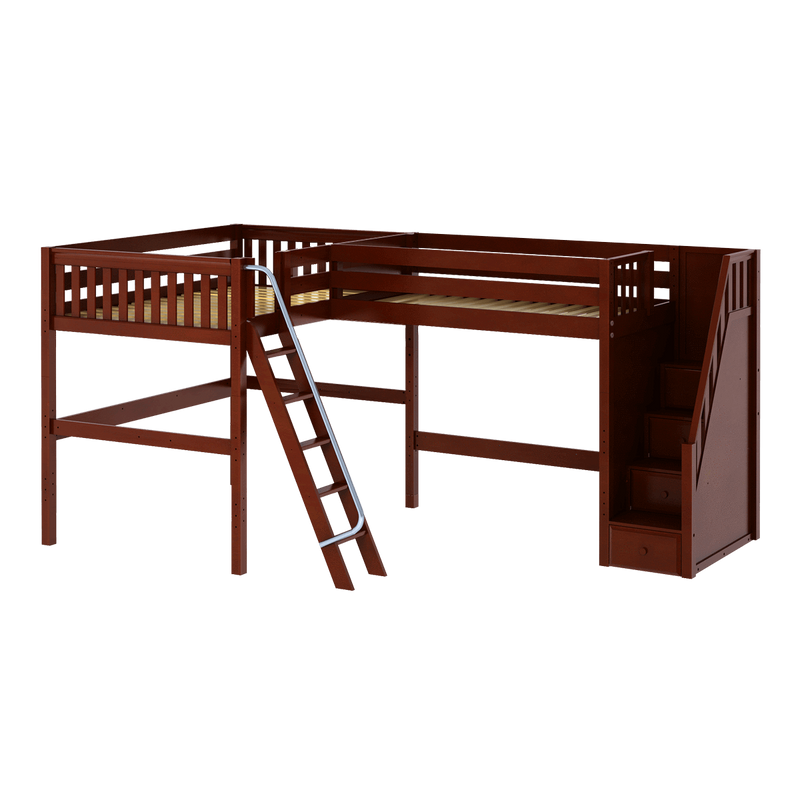 Maxtrix Twin Full High Corner Loft Bed with Ladder + Stairs - R