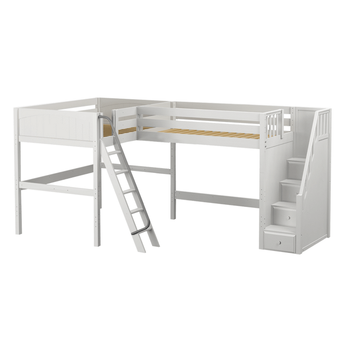 Maxtrix Twin Full High Corner Loft Bed with Ladder + Stairs - R