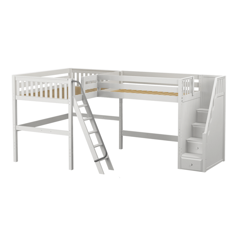 Maxtrix Twin Full High Corner Loft Bed with Ladder + Stairs - R
