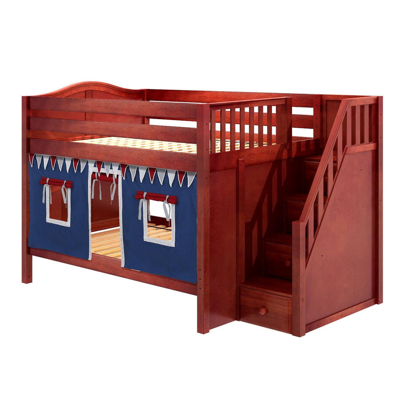 Maxtrix Full Low Bunk Bed with Stairs + Curtain