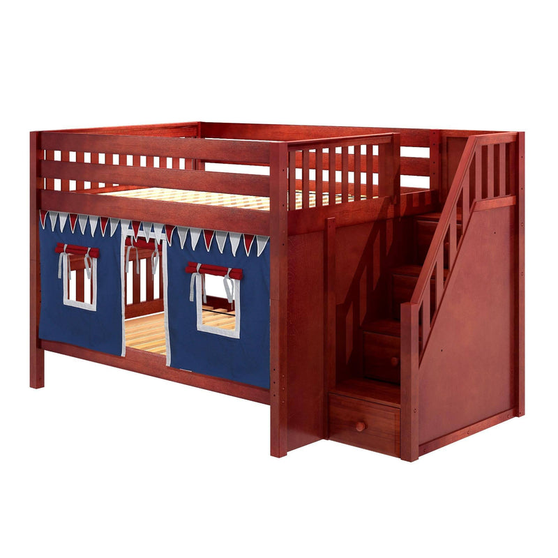 Maxtrix Full Low Bunk Bed with Stairs + Curtain