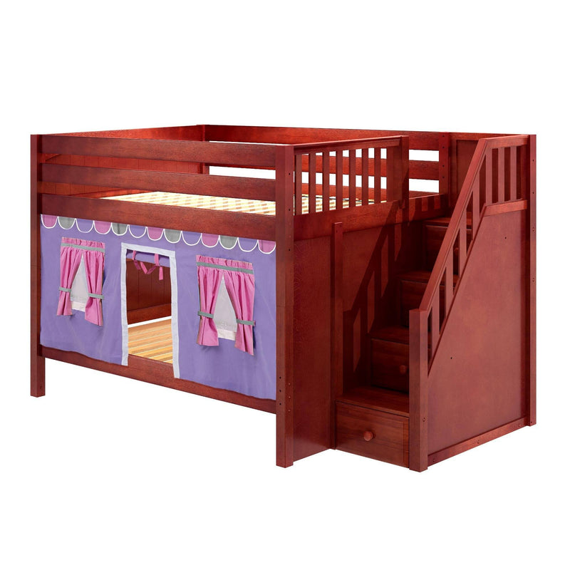 Maxtrix Full Low Bunk Bed with Stairs + Curtain