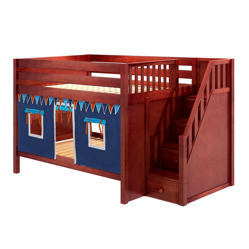 Maxtrix Full Low Bunk Bed with Stairs + Curtain