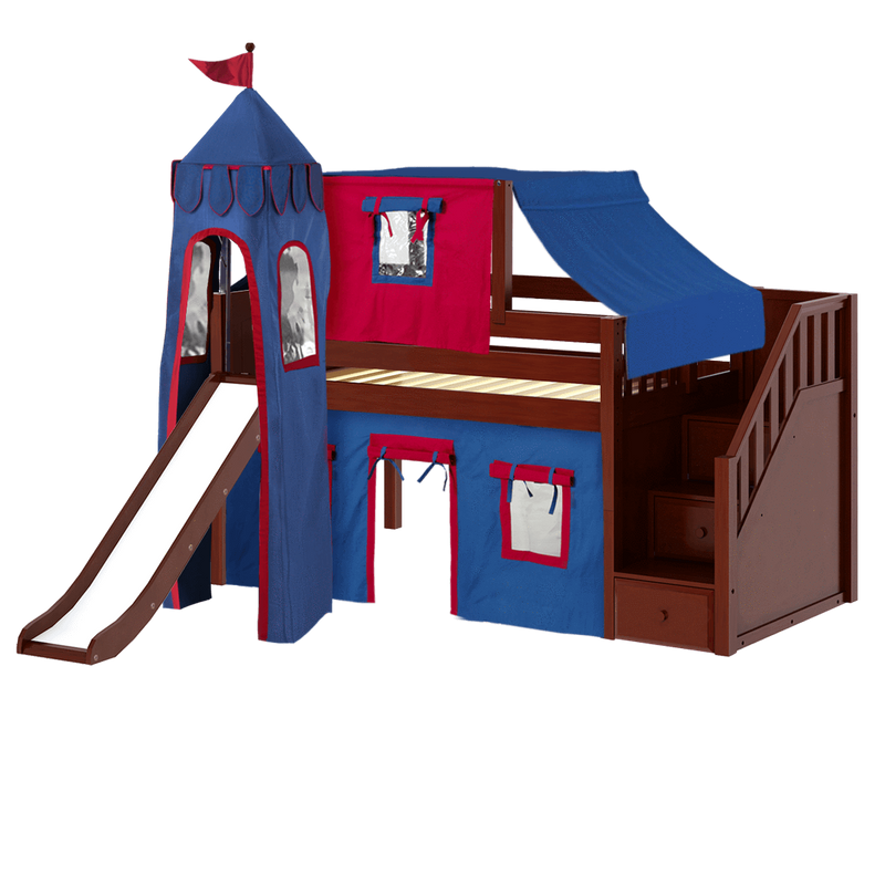 Maxtrix Twin Low Loft Bed with Stairs, Curtain, Top Tent, Tower + Slide