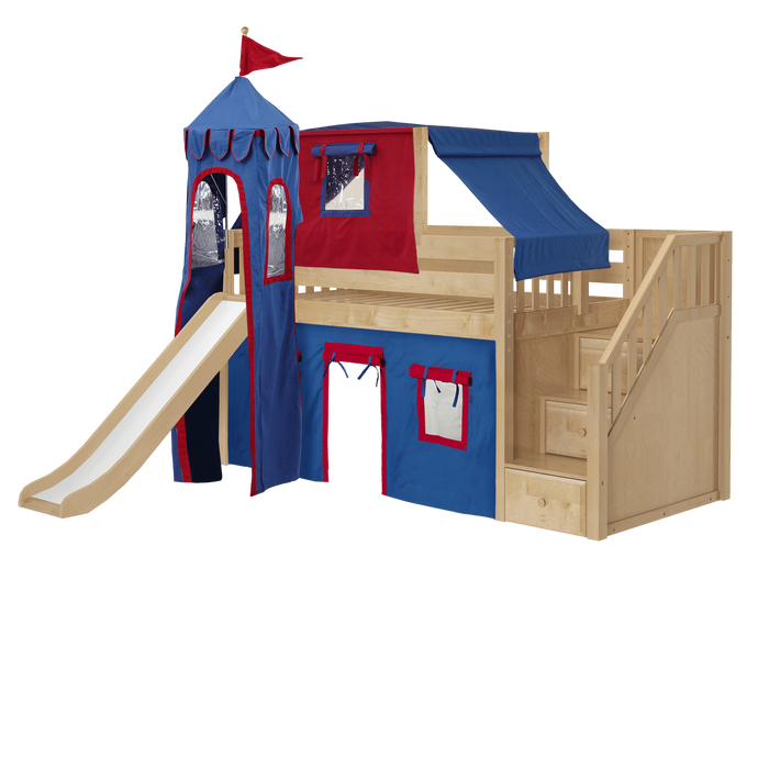 Maxtrix Twin Low Loft Bed with Stairs, Curtain, Top Tent, Tower + Slide