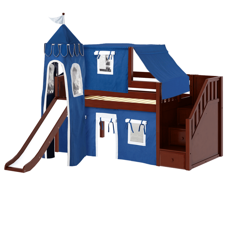 Maxtrix Twin Low Loft Bed with Stairs, Curtain, Top Tent, Tower + Slide