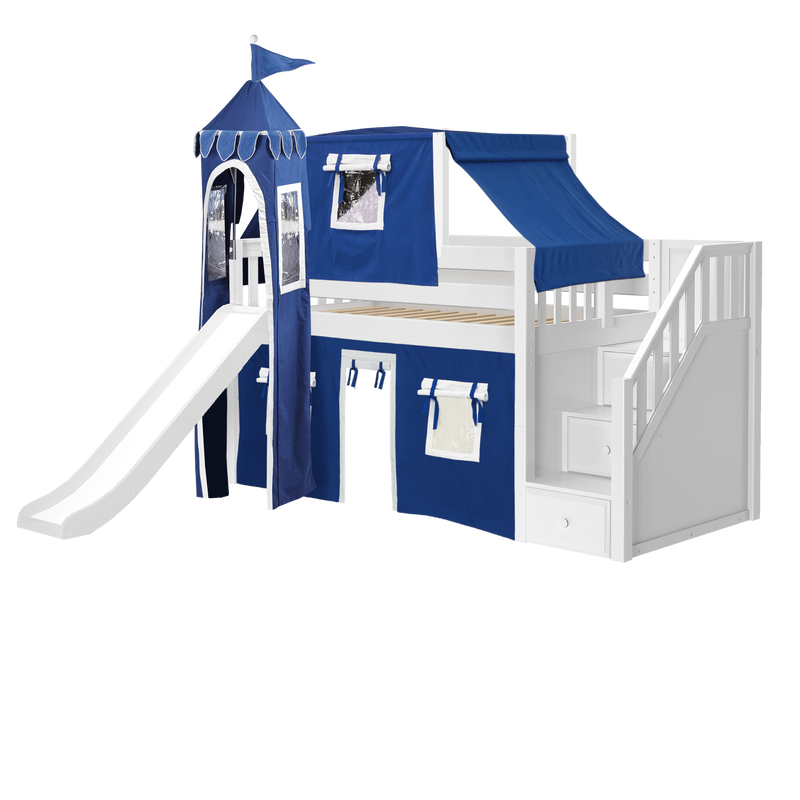 Maxtrix Twin Low Loft Bed with Stairs, Curtain, Top Tent, Tower + Slide